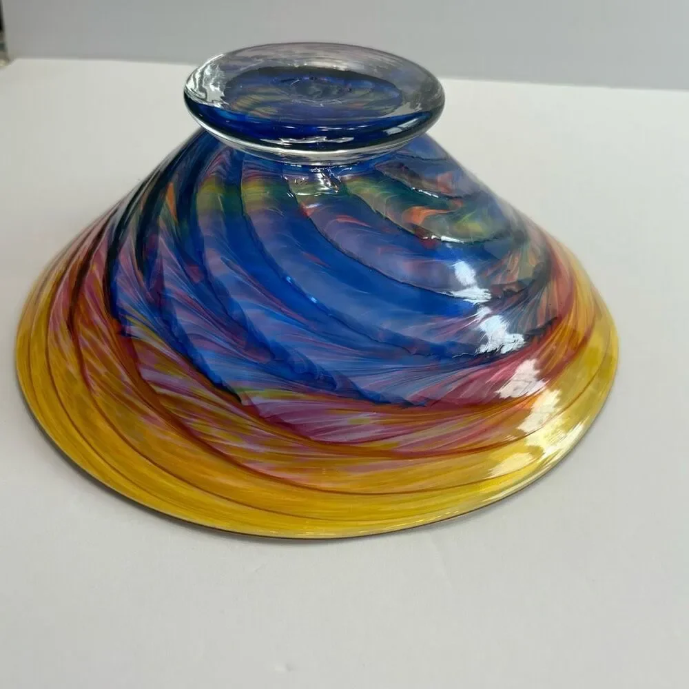 Hand Blown Glass Footed Wide Rim 9” Multicolor Swirl Glass Bowl
